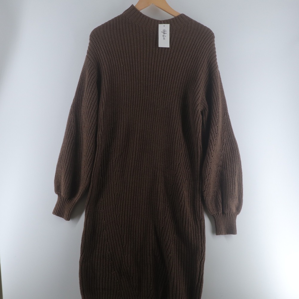Style & Co Sweater Dress Womens Medium Brown NEW Mock Neck Lantern Sleeve 40"